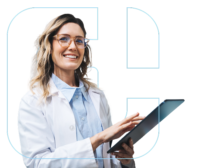 Lab worker holding an ipad.